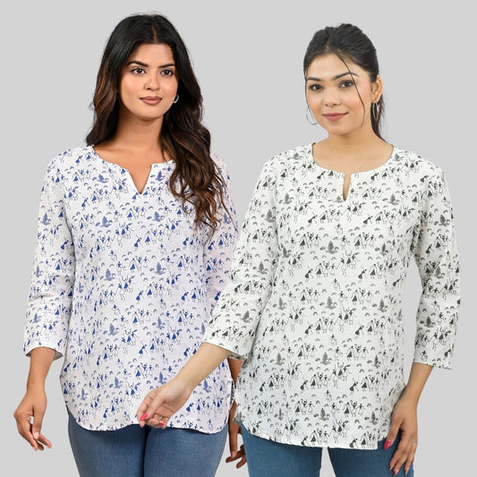 Pack Of 2 Womens Regular Fit Blue and Black Vactor Printed Tops Combo