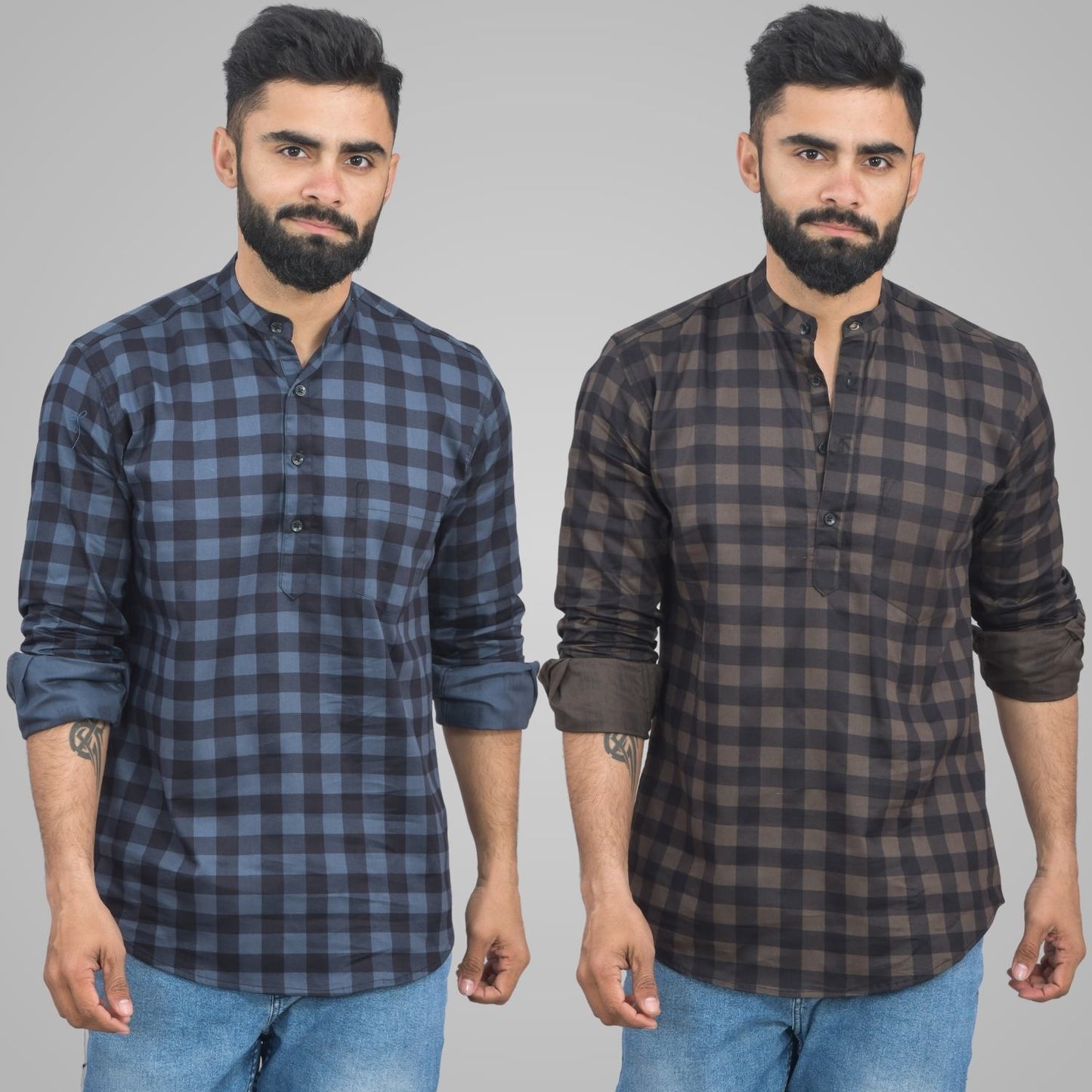 Pack Of 2 Mens Blue And Coffee Check Cotton Short Kurta Combo