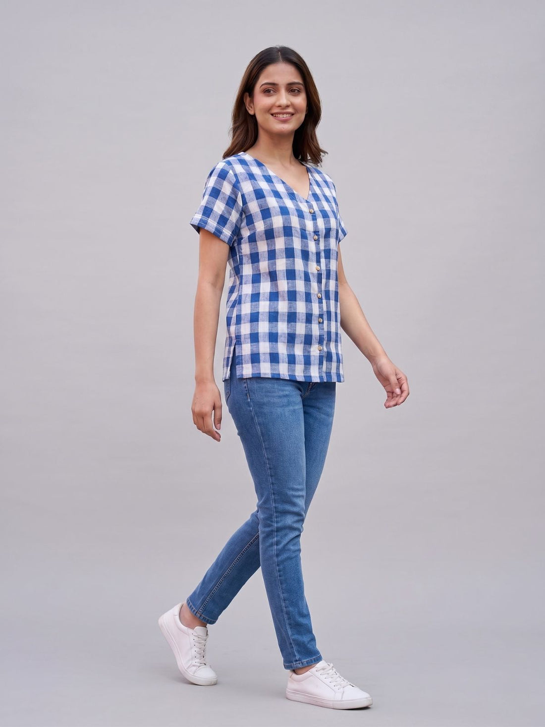 Women Blue Cotton Checks Shirt