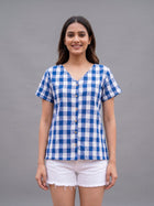 Women Blue Cotton Checks Shirt