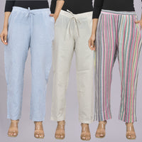 Pack Of 3 Womens Blue, Cream, Multicolor Cotton Stripe Trousers Combo