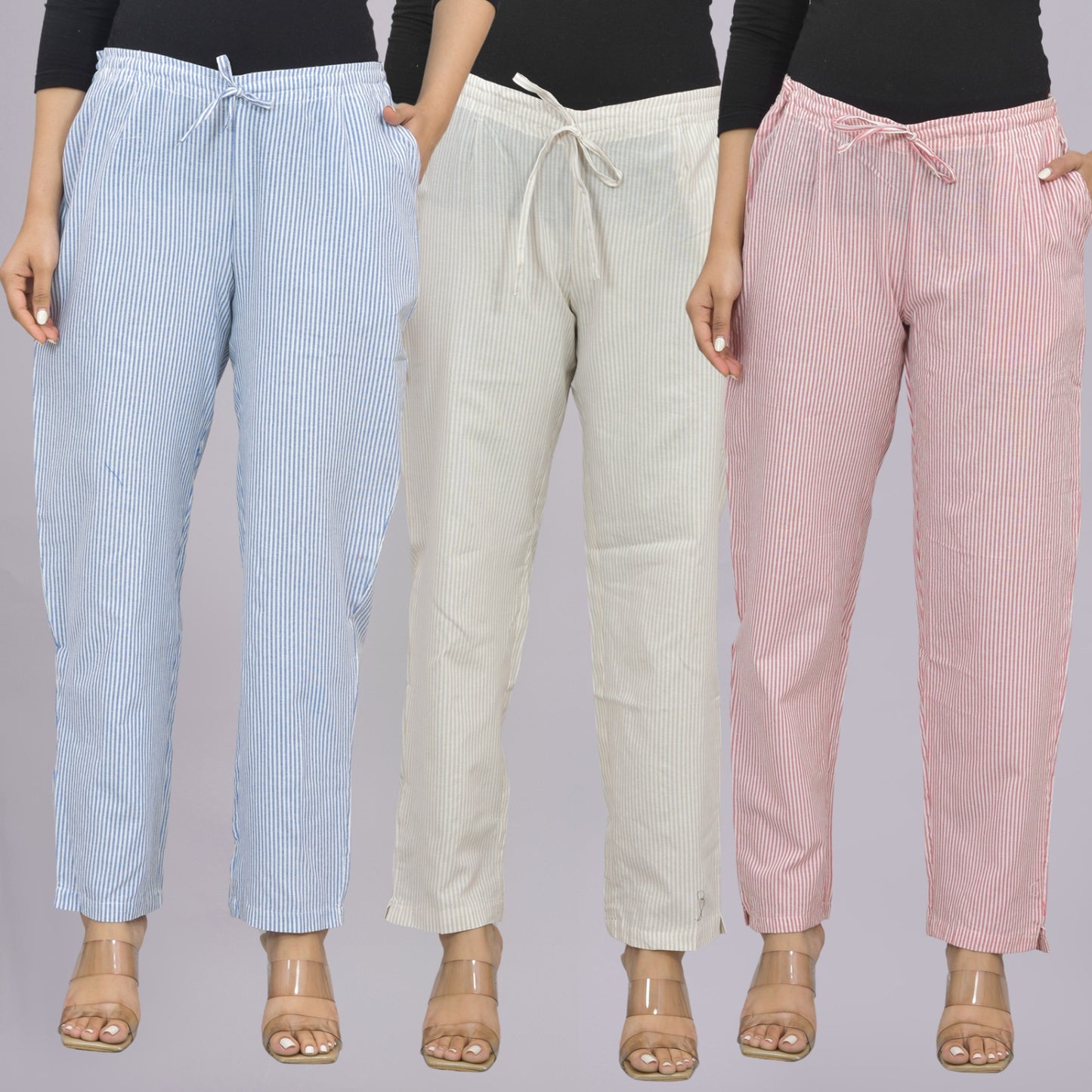 Pack Of 3 Womens Blue, Cream, Pink Cotton Stripe Trousers Combo