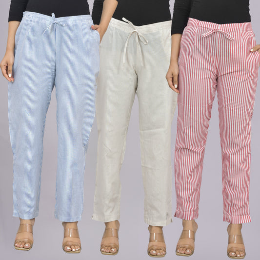 Pack Of 3 Womens Blue, Cream, Red Cotton Stripe Trousers Combo