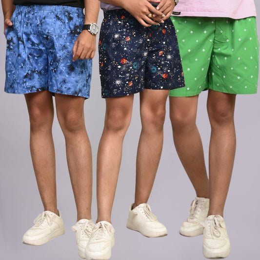 Pack Of 3 Mens Blue, Dark Blue And Green Cotton Shorts Combo