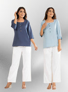Blue & Firozi Everyday Cotton Square Neck Top