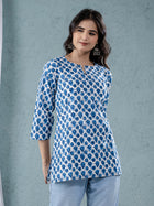 Womens Blue Sanganeri Printed Cotton Short Kurti