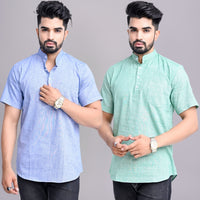 Pack of 2 Mens Solid Blue And Green Khadi Cotton Short Kurta Combo