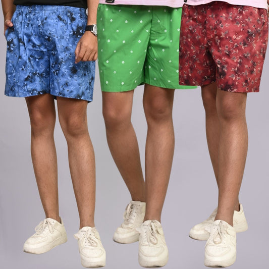 Pack Of 3 Mens Blue, Green And Maroon Cotton Shorts Combo