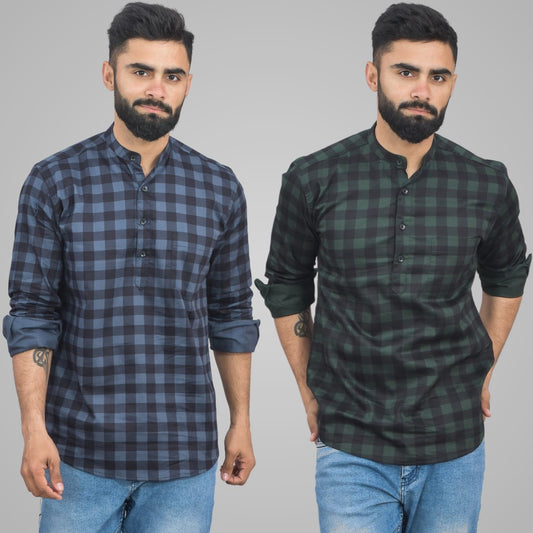 Pack Of 2 Mens Blue And Green Check Cotton Short Kurta Combo