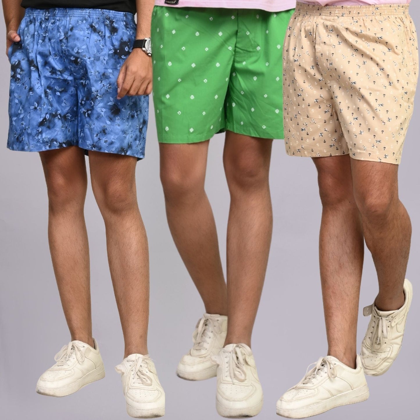 Pack Of 3 Mens Blue, Green And Yellow Cotton Shorts Combo