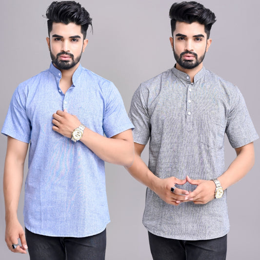 Pack of 2 Mens Solid Blue And Grey Khadi Cotton Short Kurta Combo