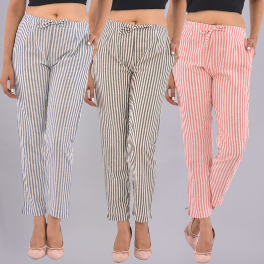 Pack Of 3 Womens Blue, Grey, Pink South Cotton Trousers Combo