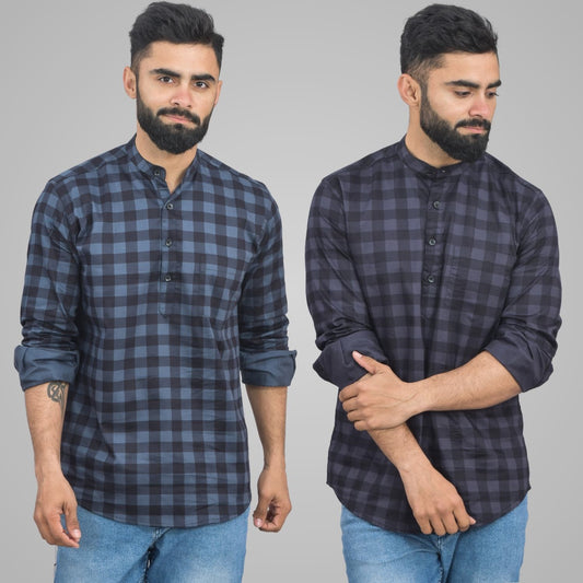 Pack Of 2 Mens Blue And Grey Check Cotton Short Kurta Combo