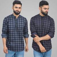 Pack Of 2 Mens Blue And Grey Check Cotton Short Kurta Combo