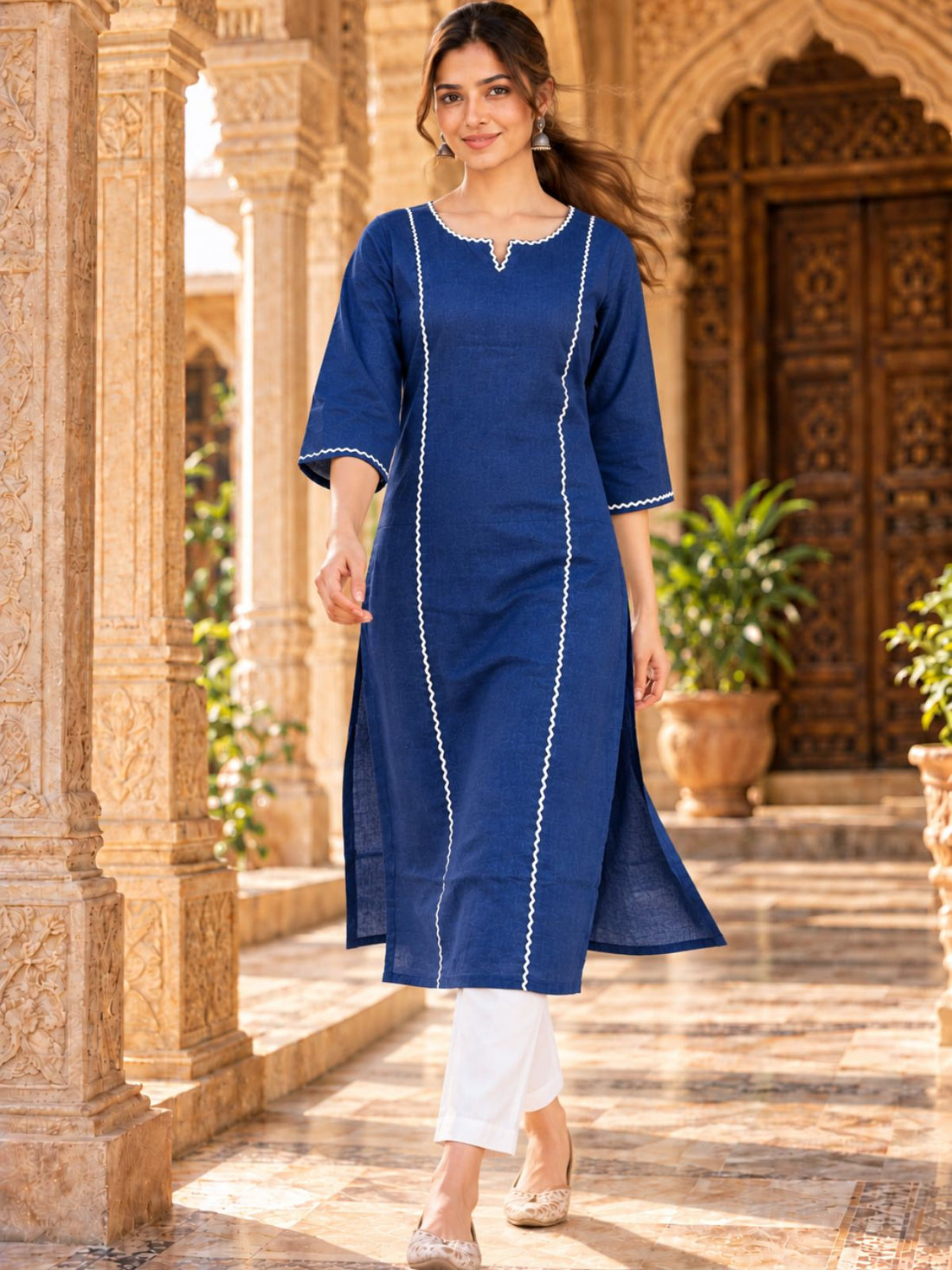 Blue South Cotton straight Kurti with Lace