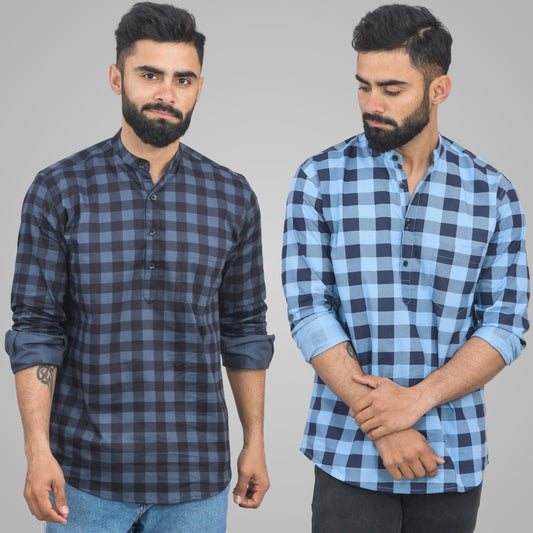 Pack Of 2 Mens Blue And Ice Blue Check Cotton Short Kurta Combo