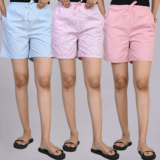 Pack Of 3 Blue, Light Pink And Pink Printed Women Shorts Combo