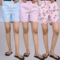 Pack Of 3 Blue, Light Pink And Pink Teddy Printed Women Shorts Combo