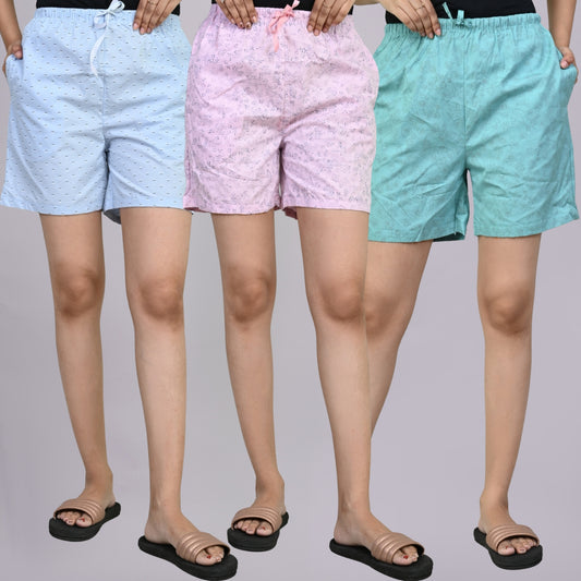 Pack Of 3 Blue, Light Pink And Sky Blue Printed Women Shorts Combo