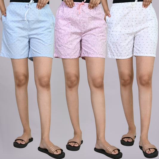 Pack Of 3 Blue, Light Pink And White Printed Women Shorts Combo