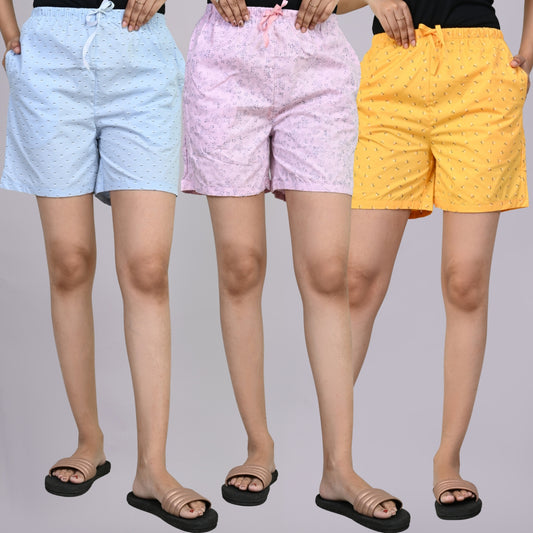 Pack Of 3 Blue, Light Pink And Yellow Printed Women Shorts Combo