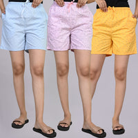 Pack Of 3 Blue, Light Pink And Yellow Printed Women Shorts Combo