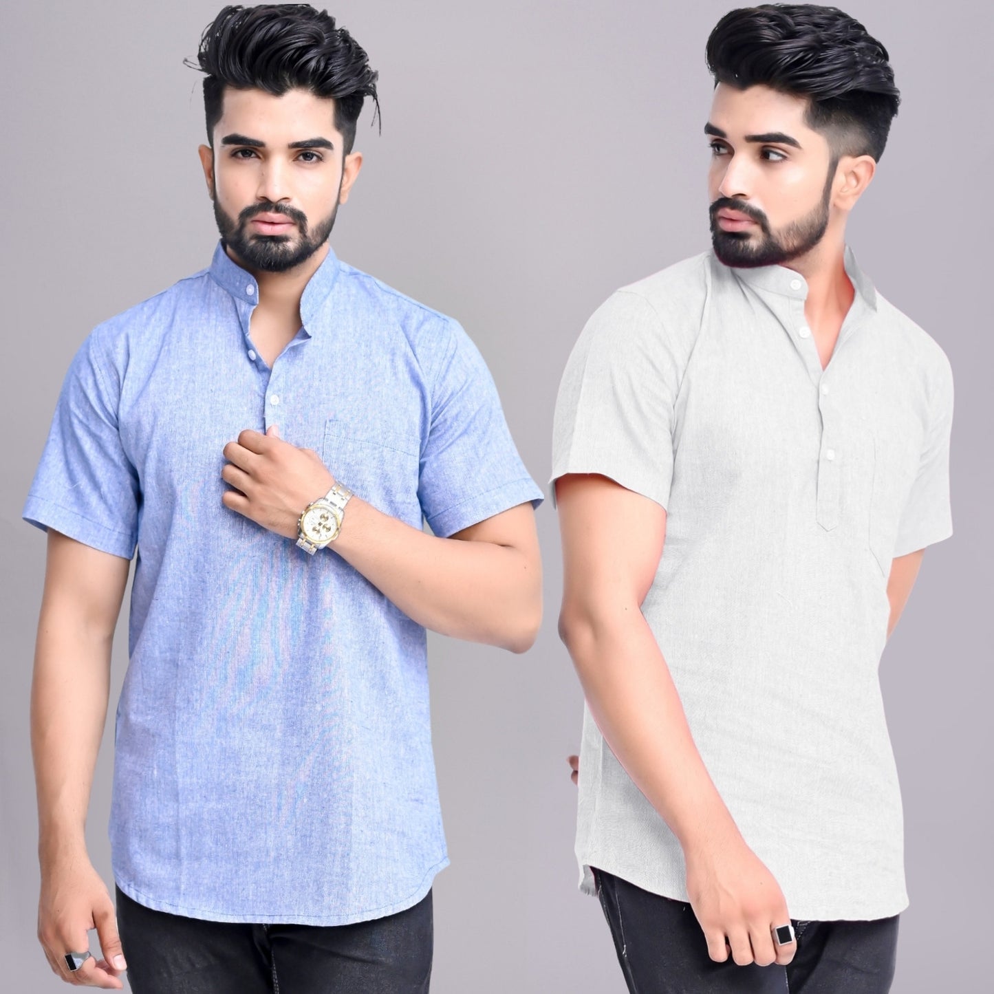 Pack of 2 Mens Solid Blue And Melange Grey Khadi Cotton Short Kurta Combo