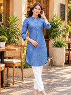 Blue Cotton Stripe Short Kurti
