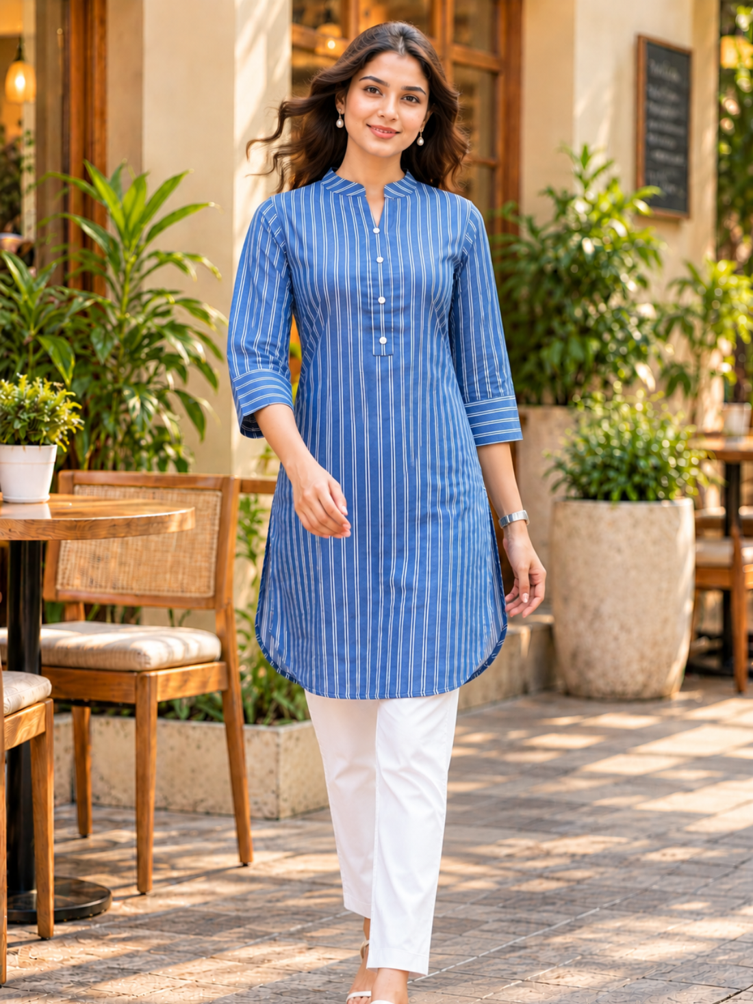 Blue Cotton Stripe Short Kurti
