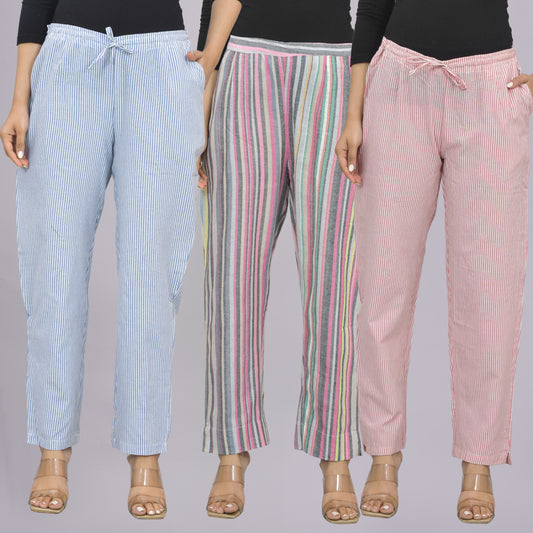 Pack Of 3 Womens Blue, Cream, Pink Cotton Stripe Trousers Combo