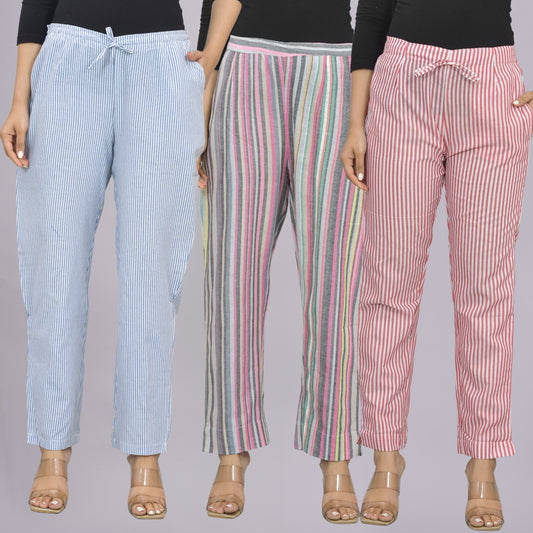 Pack Of 3 Womens Blue, Multicolor, Red Cotton Stripe Trousers Combo