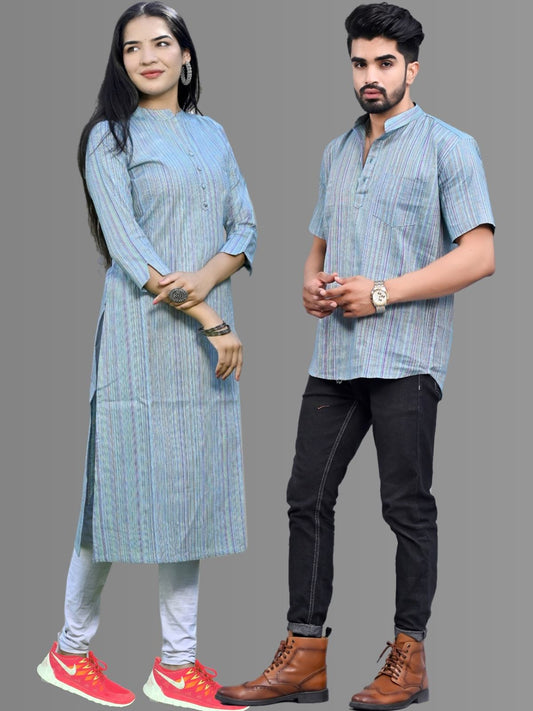 Ethnic Wear Khadi Cotton Blue Multistripe Couple Kurta Set