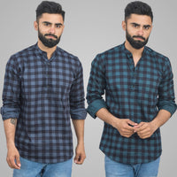 Pack Of 2 Mens Blue And Ocian Blue Check Cotton Short Kurta Combo