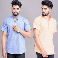 Pack of 2 Mens Solid Blue And Off White Khadi Cotton Short Kurta Combo
