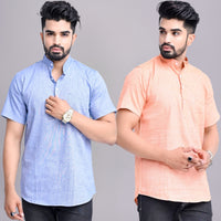 Pack of 2 Mens Solid Blue And Orange Khadi Cotton Short Kurta Combo