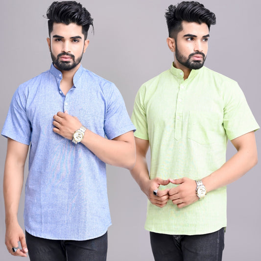 Pack of 2 Mens Solid Blue And Parrot Green Khadi Cotton Short Kurta Combo