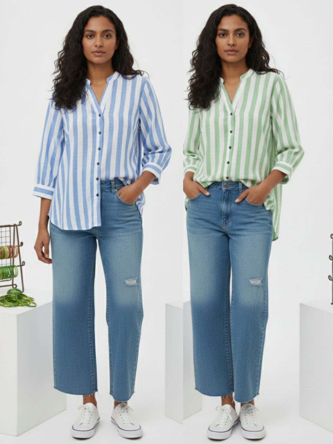 Pack Of 2 Blue And Green Shoulder Stripe Shirts