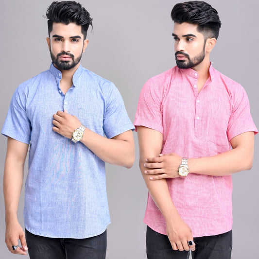 Pack of 2 Mens Solid Blue And Pink Khadi Cotton Short Kurta Combo