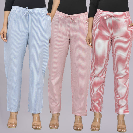 Pack Of 3 Womens Blue, Pink, Red Cotton Stripe Trousers Combo