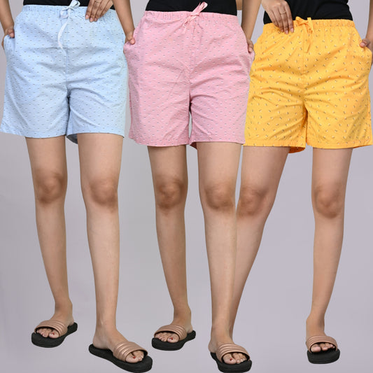 Pack Of 3 Blue, Pink And Yellow Printed Women Shorts Combo