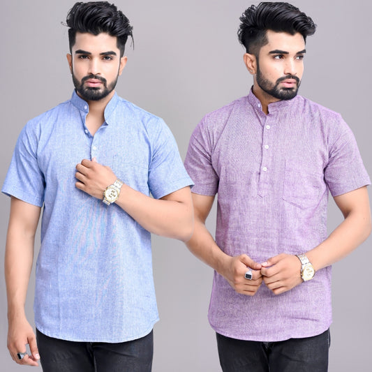 Pack of 2 Mens Solid Blue And Purple Khadi Cotton Short Kurta Combo