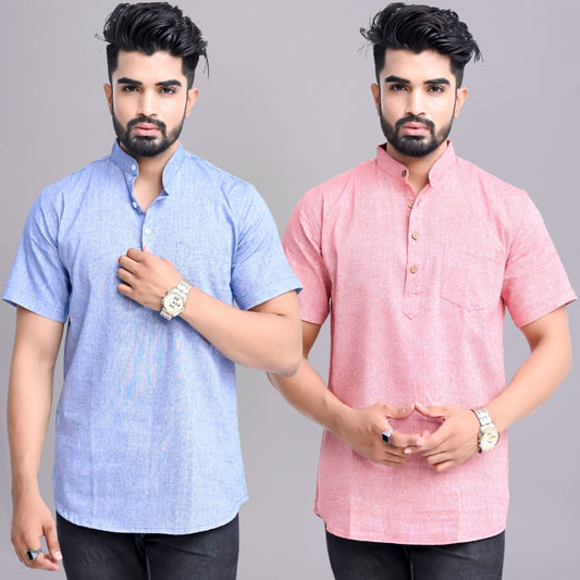 Pack of 2 Mens Solid Blue And Red Khadi Cotton Short Kurta Combo