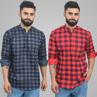 Pack Of 2 Mens Blue And Red Check Cotton Short Kurta Combo