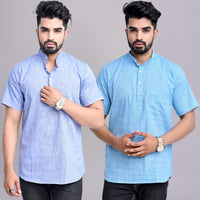 Pack of 2 Mens Solid Blue And Sky Blue Khadi Cotton Short Kurta Combo