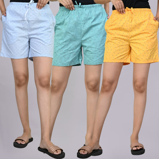 Pack Of 3 Blue, Sky Blue And Yellow Printed Women Shorts Combo