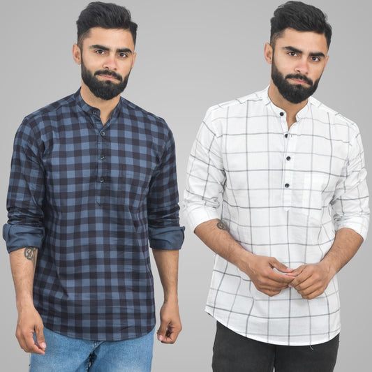 Pack Of 2 Mens Blue And White Wide Check Cotton Short Kurta Combo