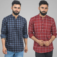 Pack Of 2 Mens Blue And Wine Wide Check Cotton Short Kurta Combo
