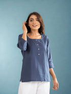 Blue Everyday Cotton Square Neck Top