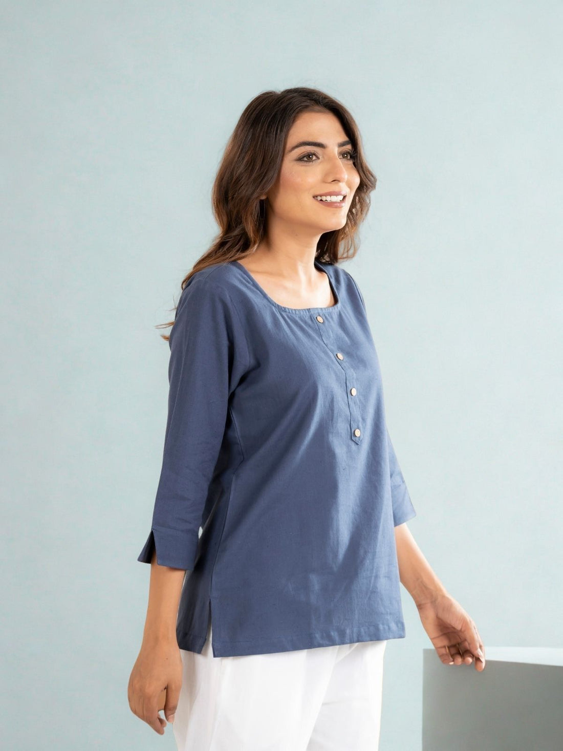 Blue & Light Grey Everyday Cotton Square Neck Top
