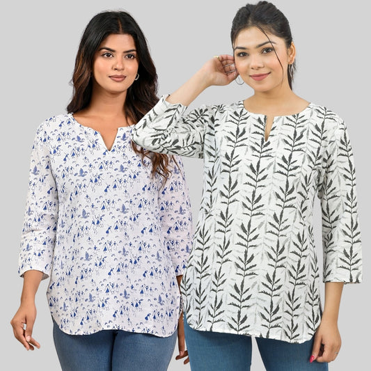 Pack Of 2 Womens Regular Fit Blue Vactor And Black Leaf Printed Tops Combo